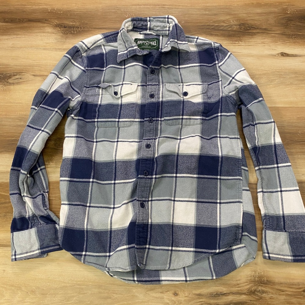 American Eagle Flannel Shirt XS Plaid Button Down 100% Cotton Blue White